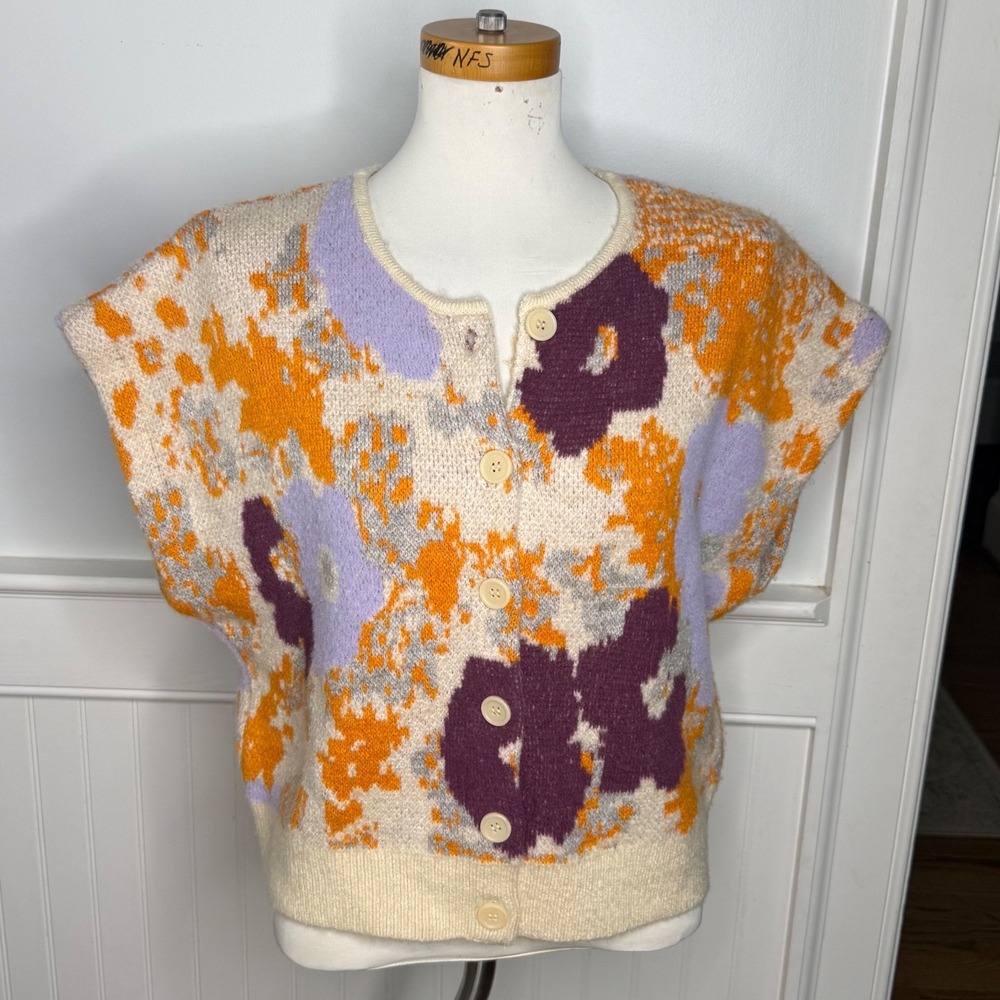 Zara Women Abstract Floral Knit‎ Button Front Cardigan Sweater Vest M